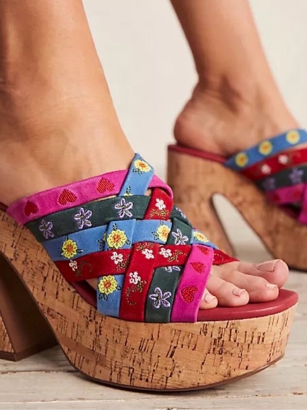 Free People Multicolor Embroidered Cork Platform Sandal